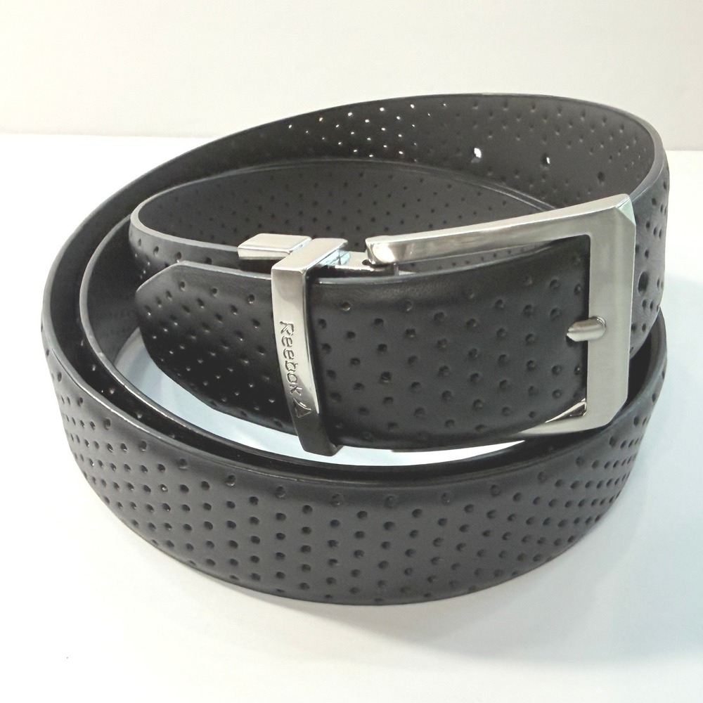 Reebok Mens Reversible Perforated Belt Black Silver Buckle 2XL Leather